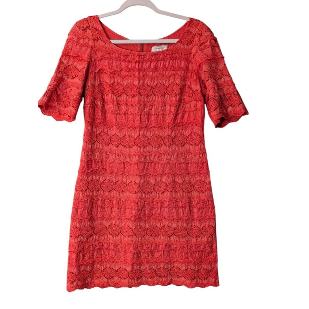 Anthropologie Moulinette Soeurs Coral Red Eyelet Lace Shift Dress sz 8